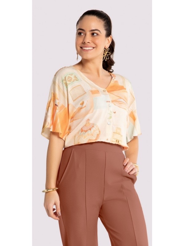 CAMISA MANGA CURTA EM VISCOSE ESTAMPADA COM BÕTOES NA FRENTE