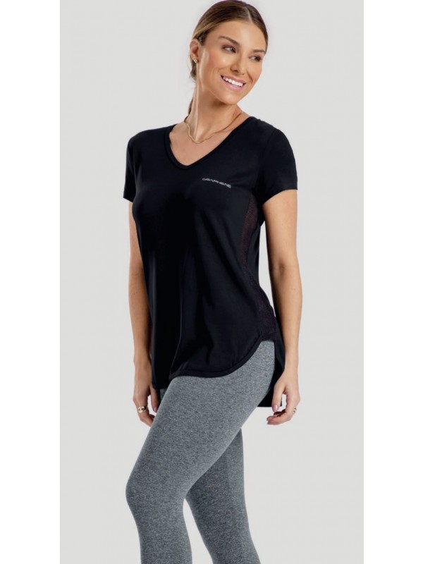 BLUSA EM MALHA VISCOSE COM RECORTE TELA, MANGA CURTA