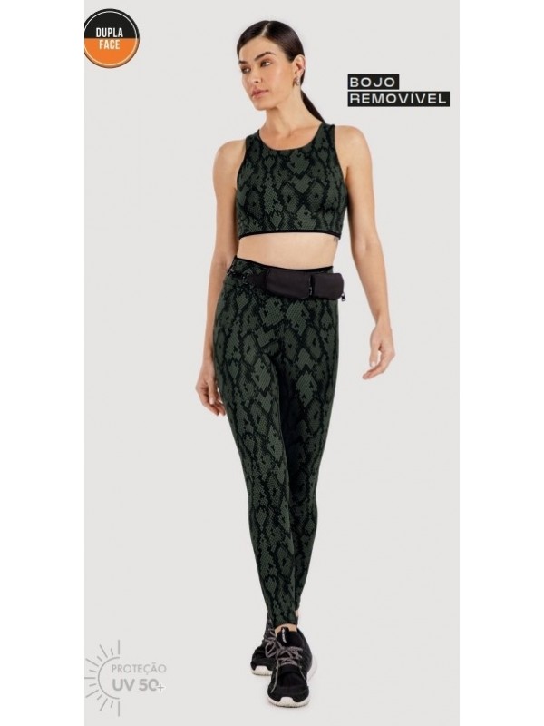 TOP ANIMAL PRINT DUPLA FACE COM RECORTE COSTAS VERDE MILITAR COM PRETO