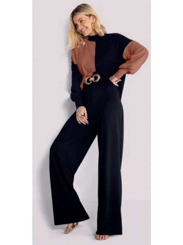 BLUSA MANGA LONGA BUFANTE CANELADA BICOLOR