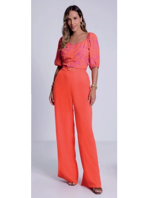 Blusa Cropped Estampada com Manga Bufante