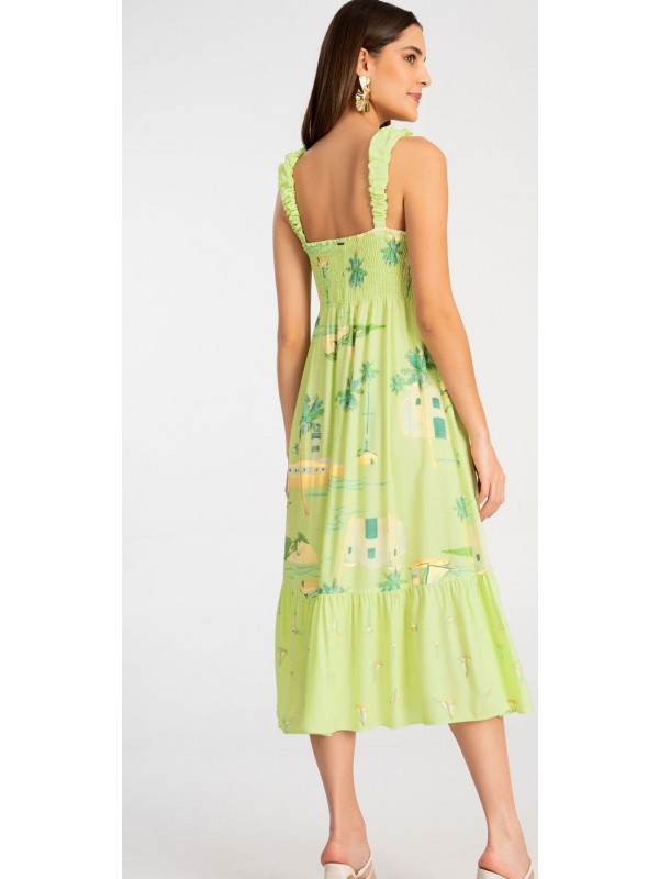 VESTIDO MIDI ESTAMPADO EM VISCOSE COM ALÇAS BALONÊ
