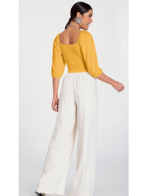 BLUSA CROPPED MANGA 3/4 COM FRANZIDO BUSTO