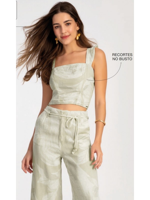 BLUSA SARJA CROPPED ESTAMPADA COM DECOTE QUADRADO