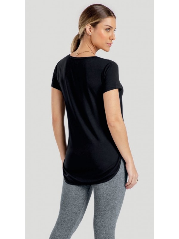 BLUSA EM MALHA VISCOSE COM RECORTE TELA, MANGA CURTA