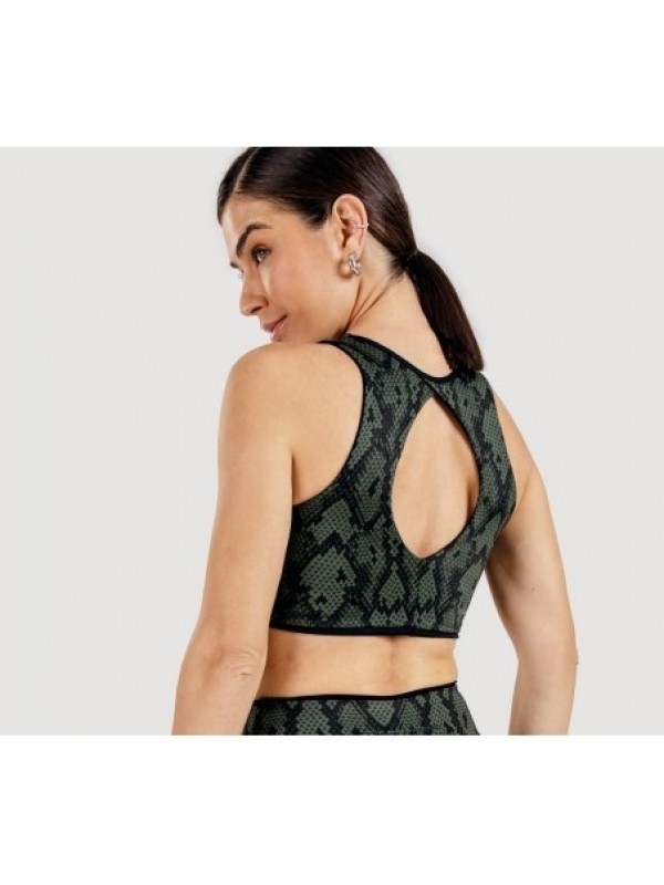 TOP ANIMAL PRINT DUPLA FACE COM RECORTE COSTAS VERDE MILITAR COM PRETO