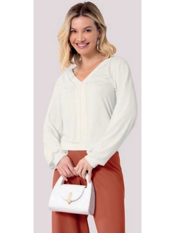 BLUSA MANGA LONGA COM PUNHO, COM DECOTE V DETALHE DE RECOTE FRENTE