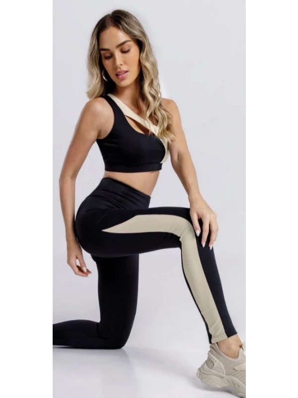 .  Calça Legging Cintura Alta Bicolor com Recorte Lateral.  