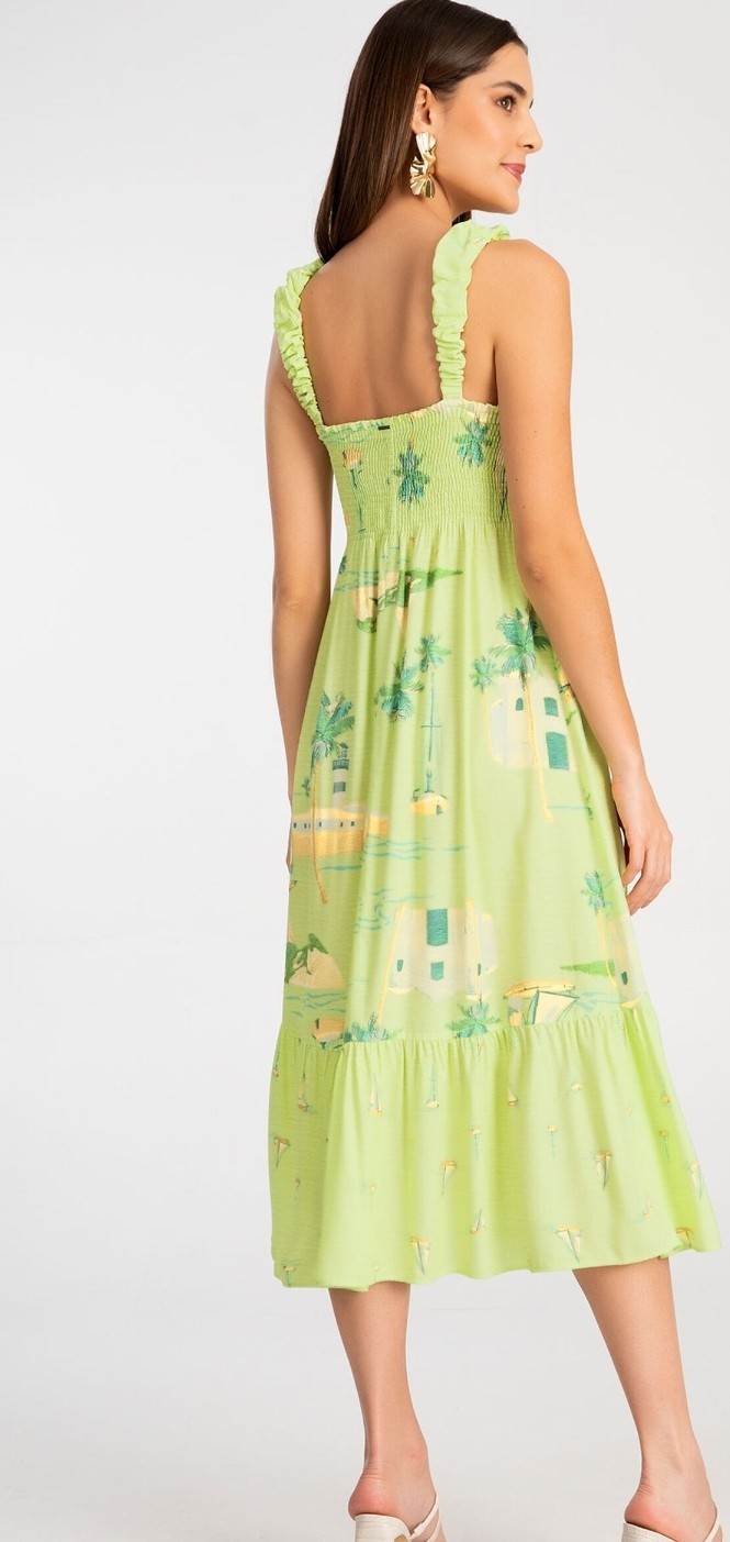 VESTIDO MIDI ESTAMPADO EM VISCOSE COM ALÇAS BALONÊ
