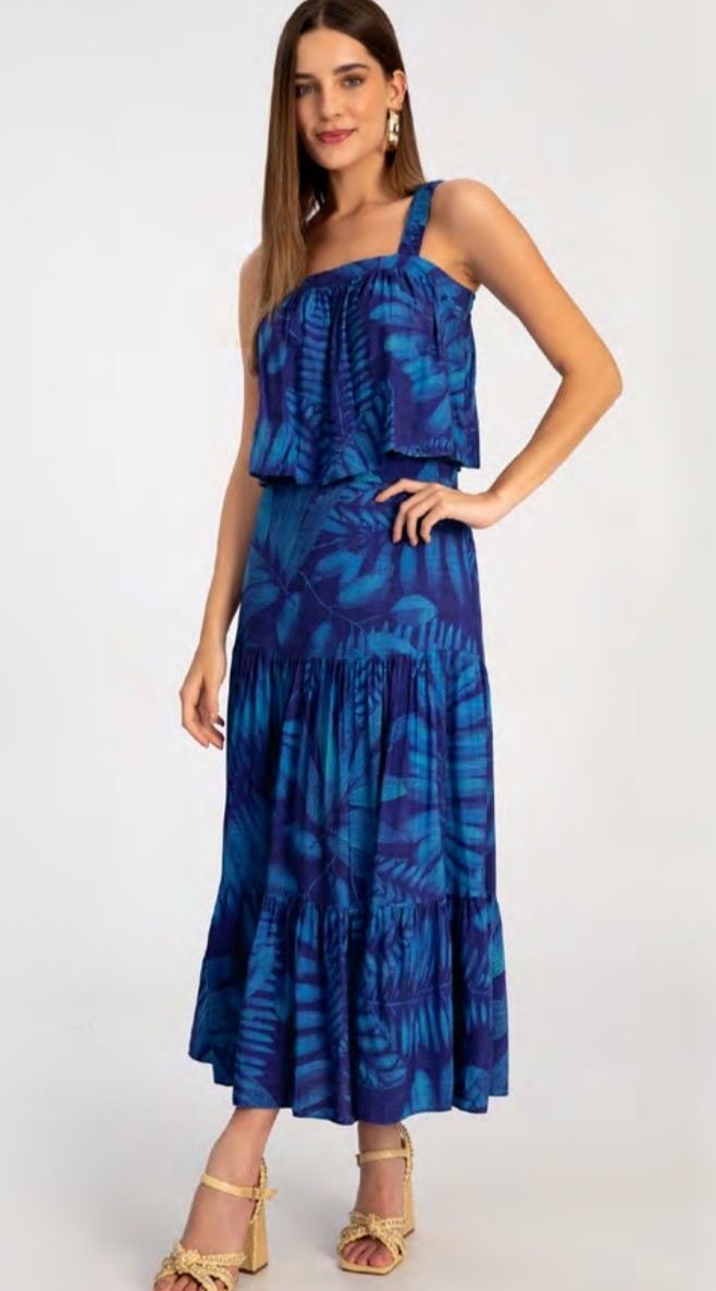 SAIA MIDI EM VISCOSE ESTAMPADA COM BABADOS