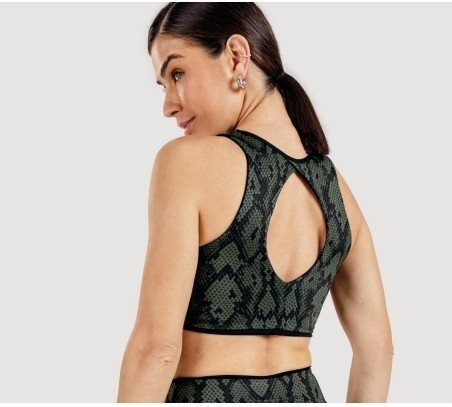 TOP ANIMAL PRINT DUPLA FACE COM RECORTE COSTAS VERDE MILITAR COM PRETO