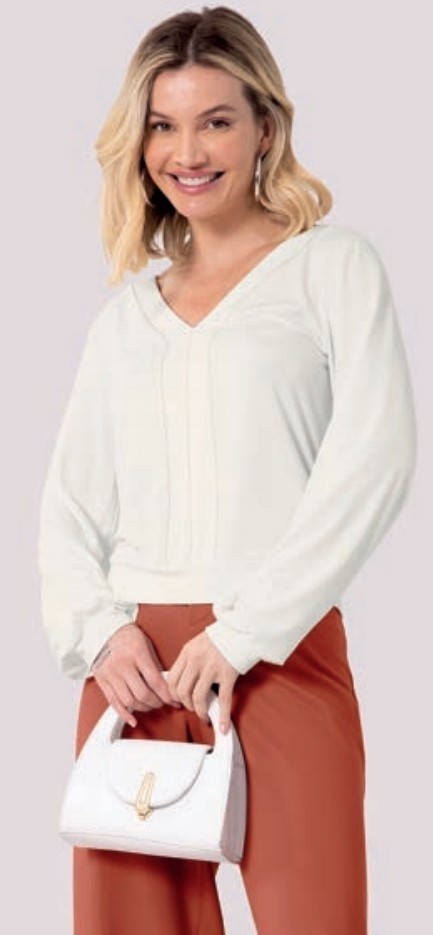 BLUSA MANGA LONGA COM PUNHO, COM DECOTE V DETALHE DE RECOTE FRENTE